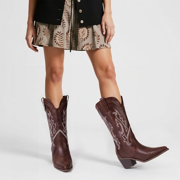 Women's Vintage Dark Brown Embroidered Mid Calf Chunky Western Heel Boots - Picture 2 of 7